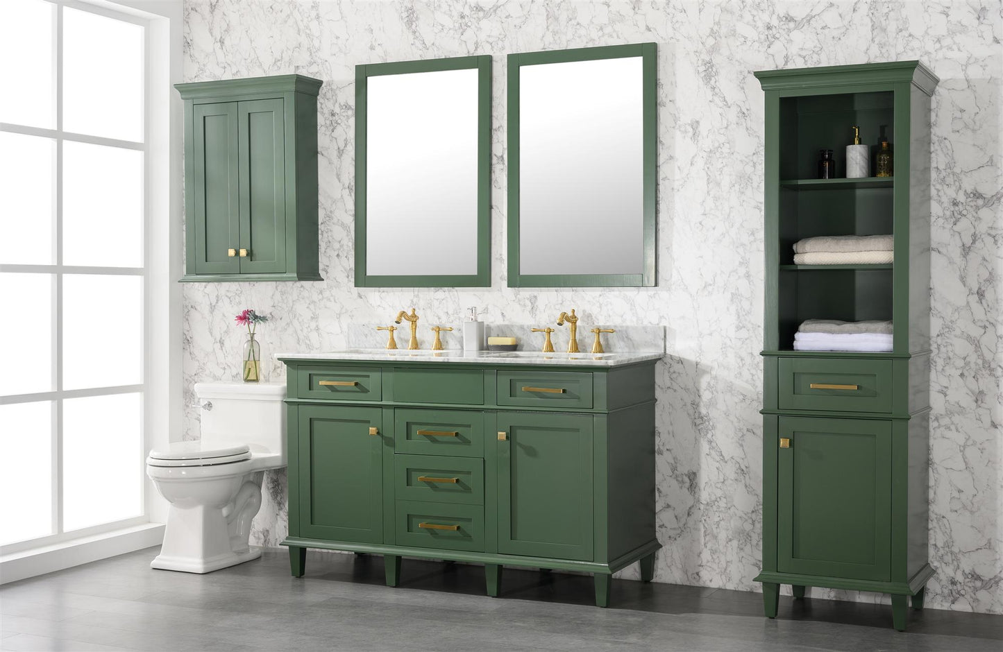 Legion Furniture 54" Vogue Green Finish Double Sink Vanity Cabinet with Carrara White Top - WLF2254-VG