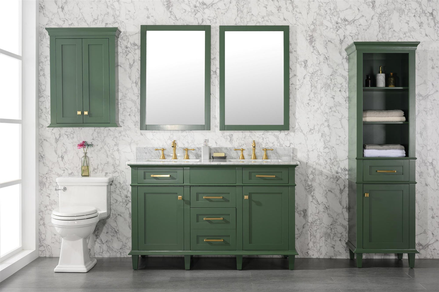 Legion Furniture 54" Vogue Green Finish Double Sink Vanity Cabinet with Carrara White Top - WLF2254-VG