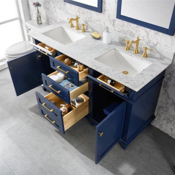 Legion Furniture 60" Blue Finish Double Sink Vanity Cabinet with Carrara White Top - WLF2260D-B