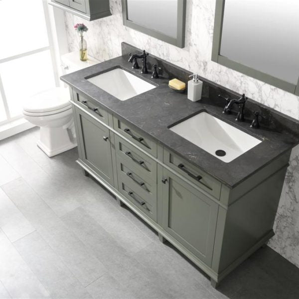 Legion Furniture 60" Pewter Green Finish Double Sink Vanity Cabinet with Blue Lime Stone Top - WLF2260D-PG