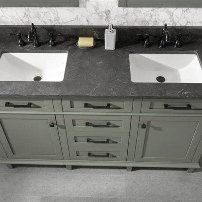 Legion Furniture 60" Pewter Green Finish Double Sink Vanity Cabinet with Blue Lime Stone Top - WLF2260D-PG