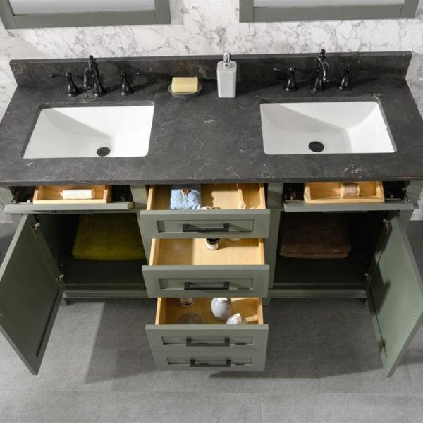 Legion Furniture 60" Pewter Green Finish Double Sink Vanity Cabinet with Blue Lime Stone Top - WLF2260D-PG