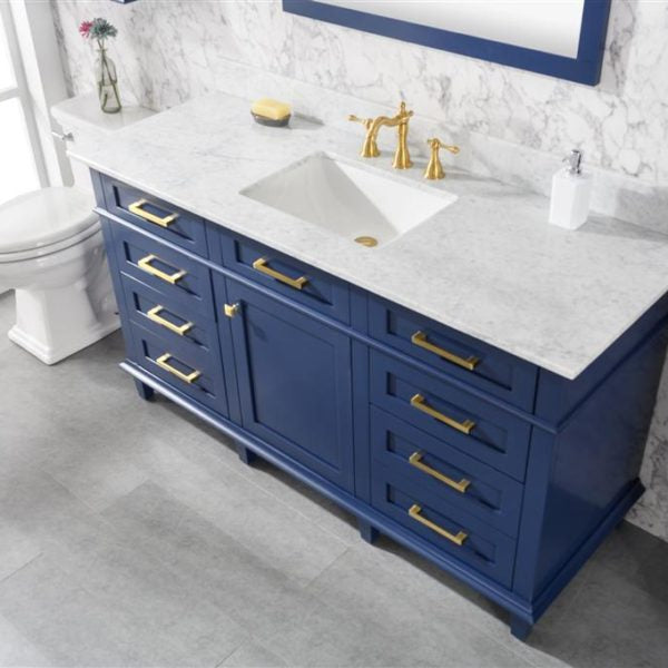 Legion Furniture 60" Blue Finish Single Sink Vanity Cabinet with Carrara White Top - WLF2260S-B