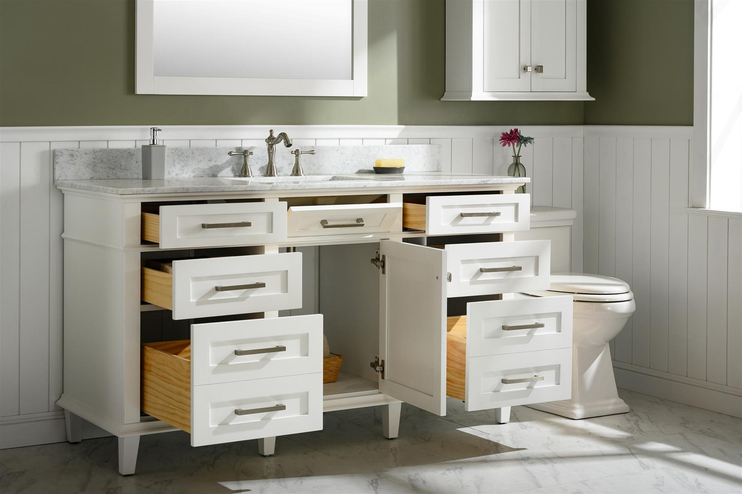 Legion Furniture 60" White Finish Single Sink Vanity Cabinet with Carrara White Top - WLF2160S-W