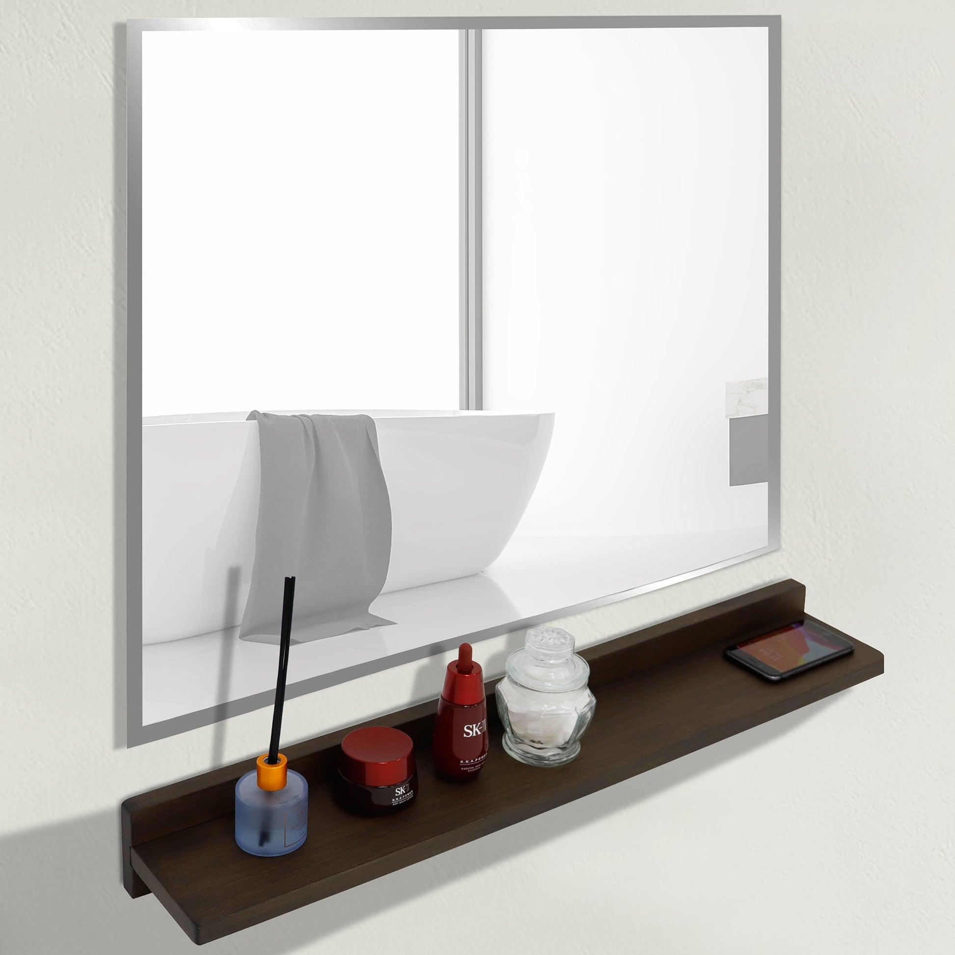 WS30-RW-315 Rustic Wood Wireless Charging Shelf and Frameless Mirror Set, 30"