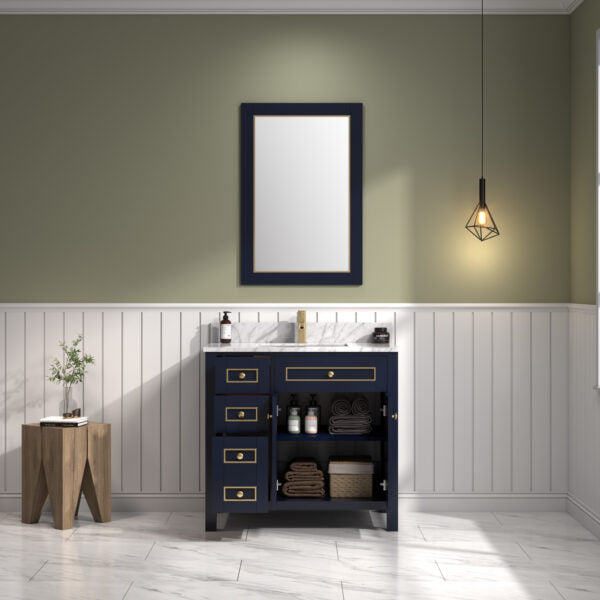 Legion WV2236-B 36" Blue Finish Sink Vanity Cabinet with Carrara White Top, Front