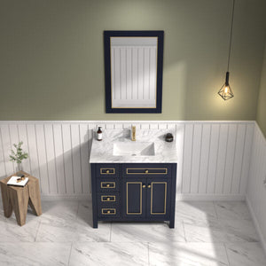 Legion WV2236-B 36" Blue Finish Sink Vanity Cabinet with Carrara White Top, front and top