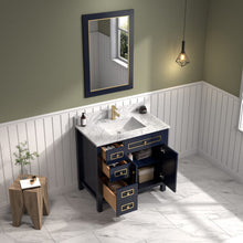Load image into Gallery viewer, Legion WV2236-B 36&quot; Blue Finish Sink Vanity Cabinet with Carrara White Top, Top view with open drawers and doors