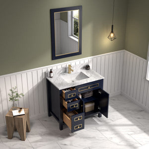 Legion WV2236-B 36" Blue Finish Sink Vanity Cabinet with Carrara White Top, Top view with open drawers and doors