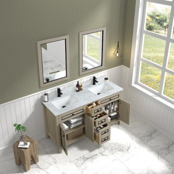 Legion Furniture 60" Light Oak Finish Sink Vanity Cabinet with Carrara White Top - WV2260-O