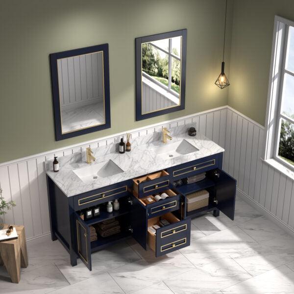 Legion Furniture 72" Blue Finish Sink Vanity Cabinet with Carrara White Top - WV2272-B