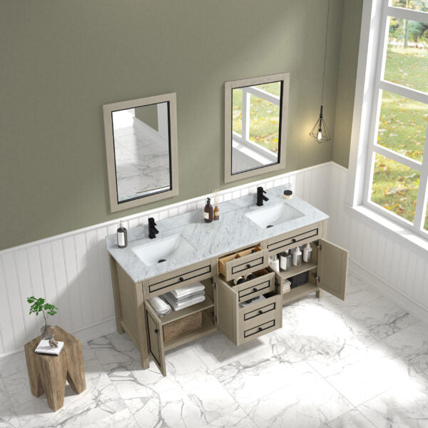 Legion Furniture 72" Light Oak Finish Sink Vanity Cabinet with Carrara White Top - WV2272-O