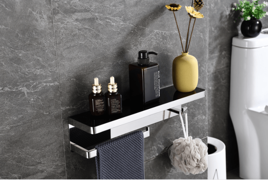 Lexora Bagno Bianca Glass Black / White Shelf w/ Towel Bar & Robe Hook