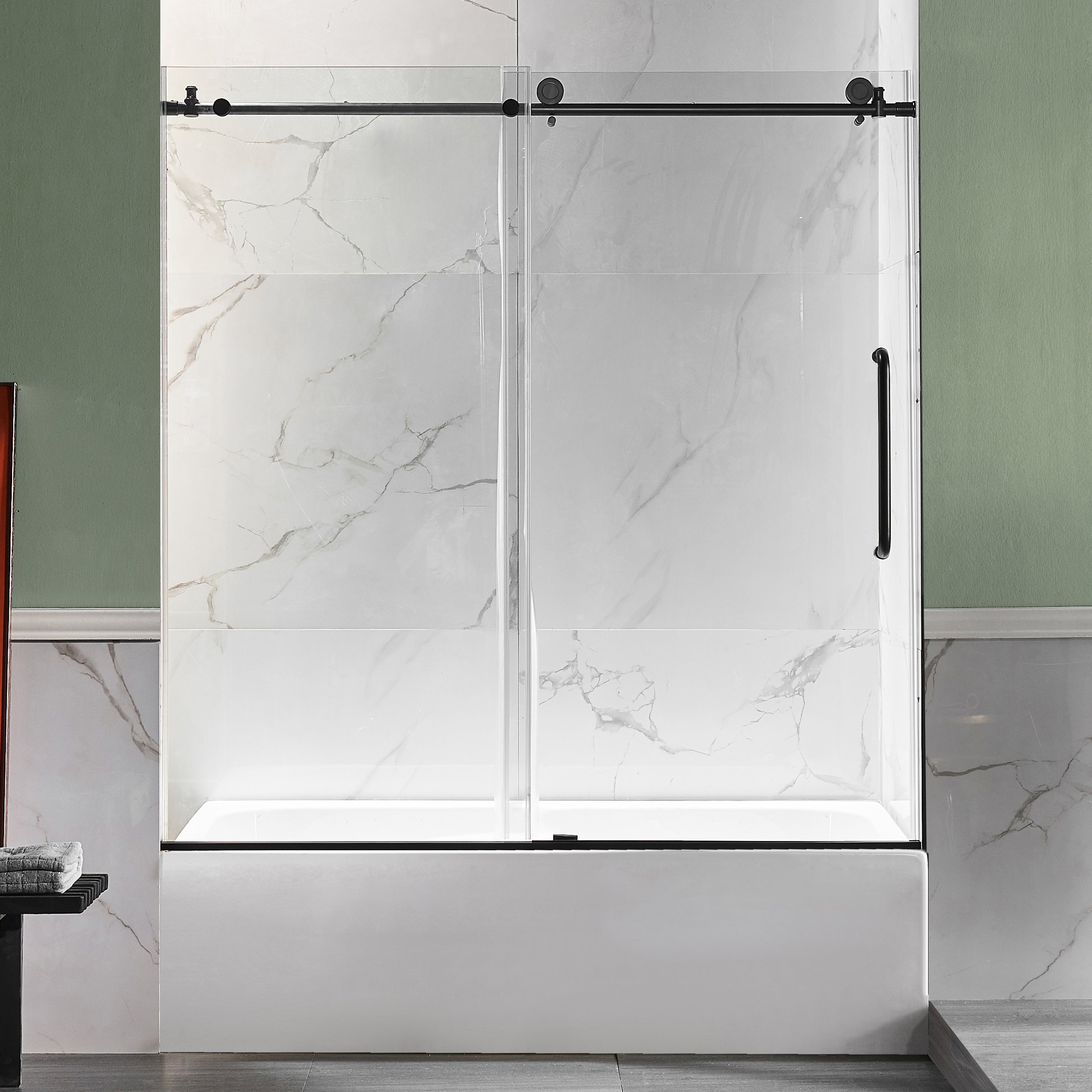Anzzi 5 ft. Acrylic Rectangle Tub in White With 60 in. x 62 in. Frameless Sliding Tub Door