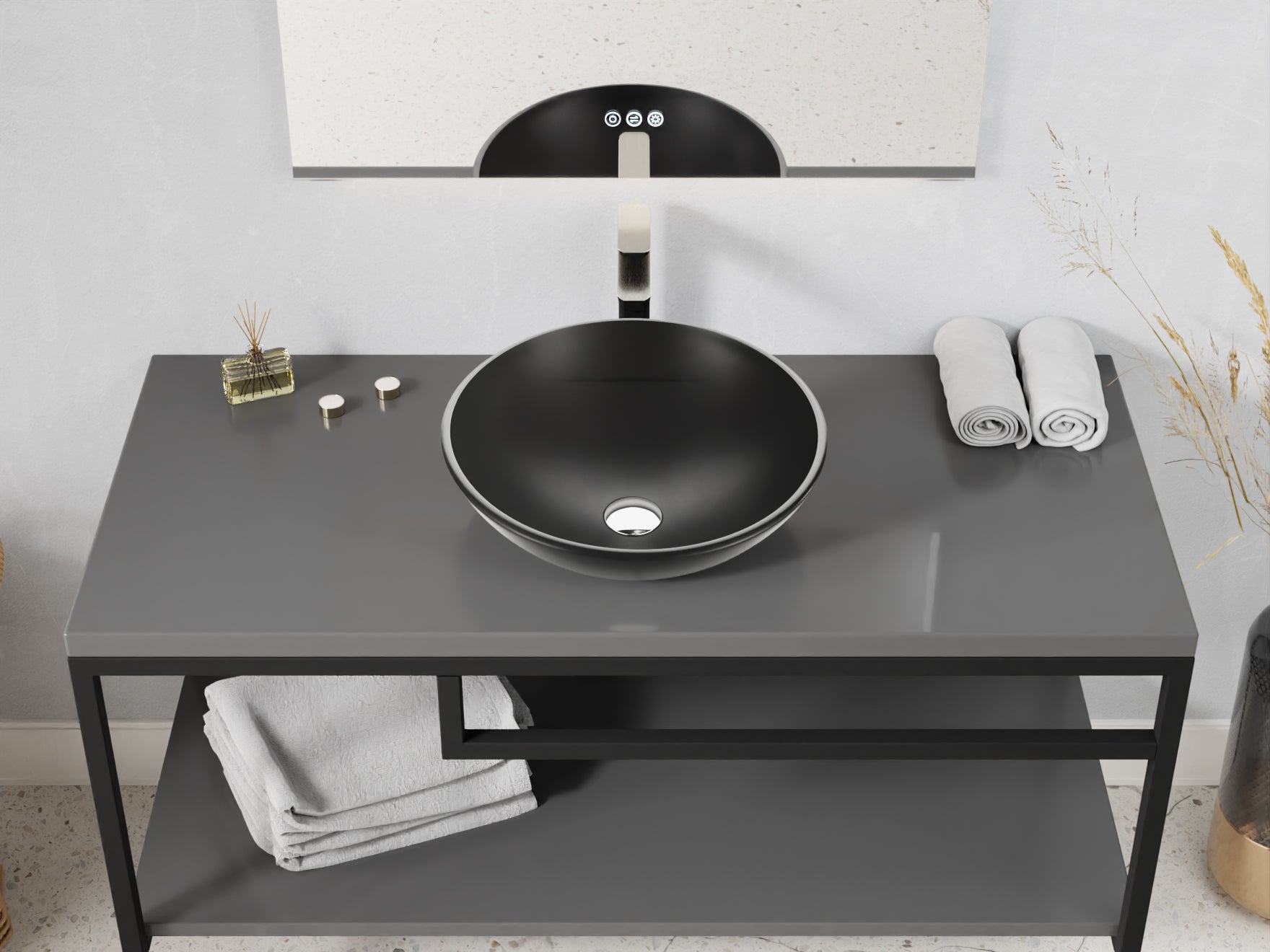 Amalfi Round Glass Vessel Bathroom Sink with Matte Black Finish