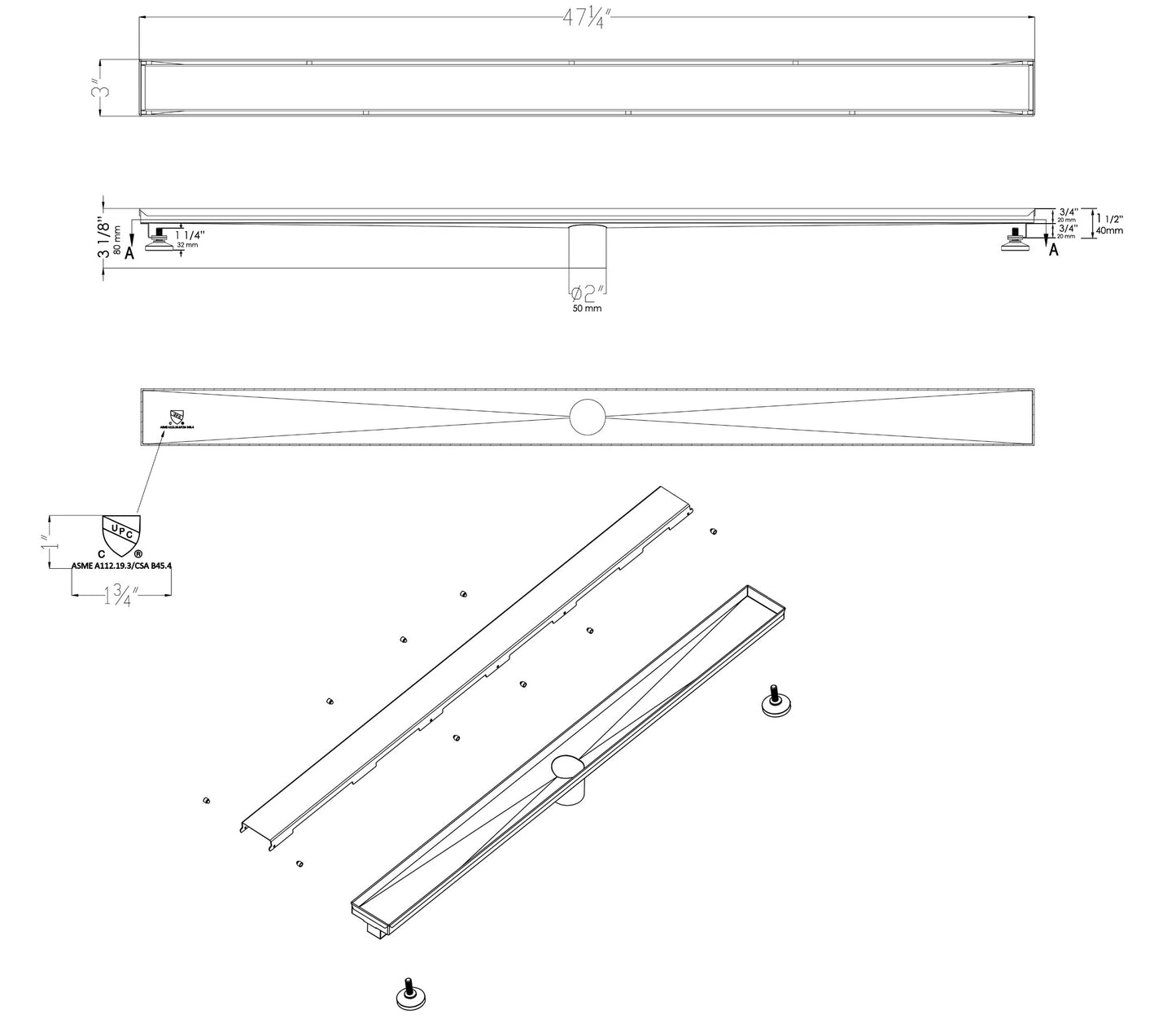 ALFI brand ABLD47B-BM 47" Black Matte Brushed Stainless Steel Linear Shower Drain with Solid Cover