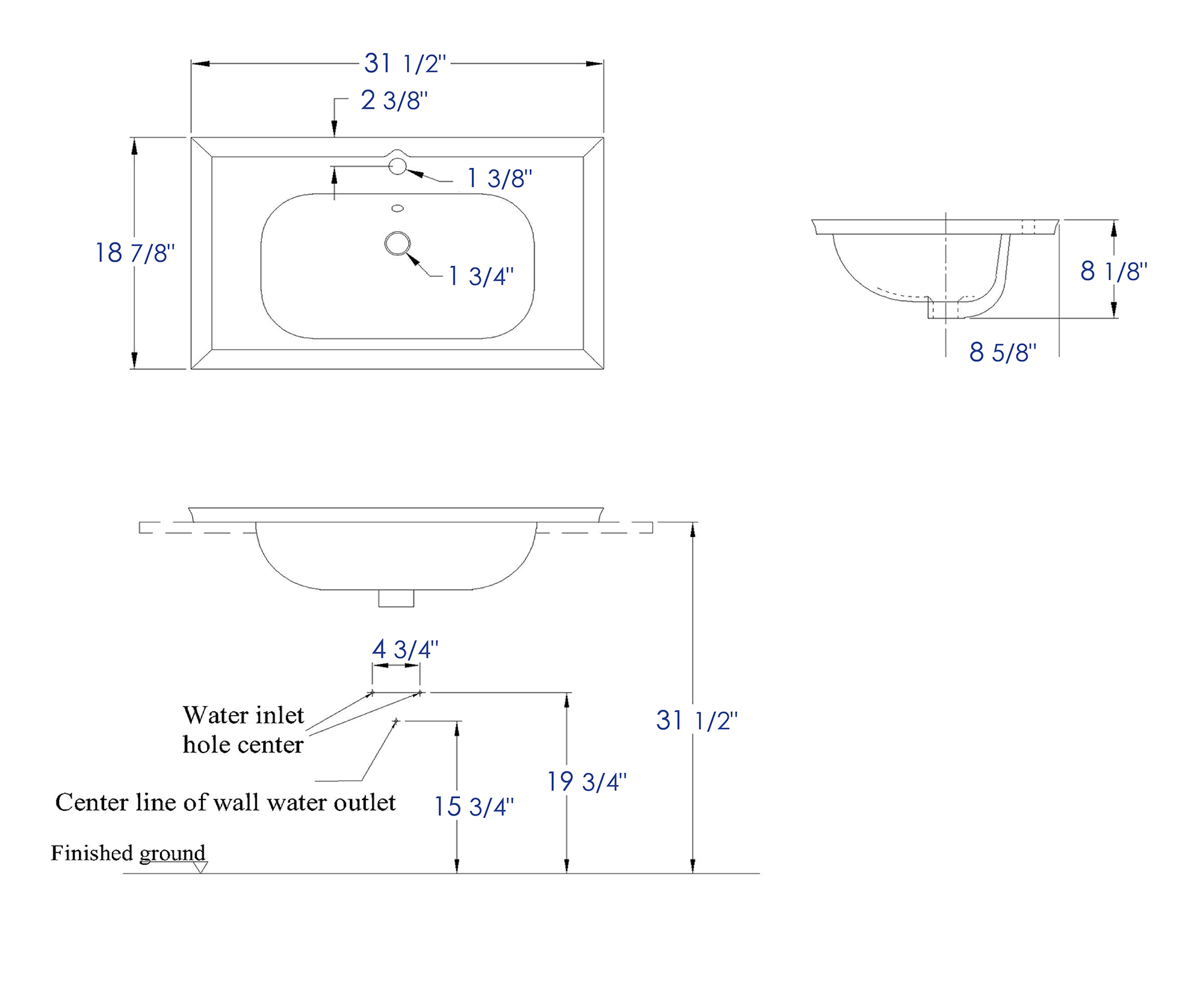 EAGO BH003 White Ceramic 32"x19" Rectangular Drop In Sink