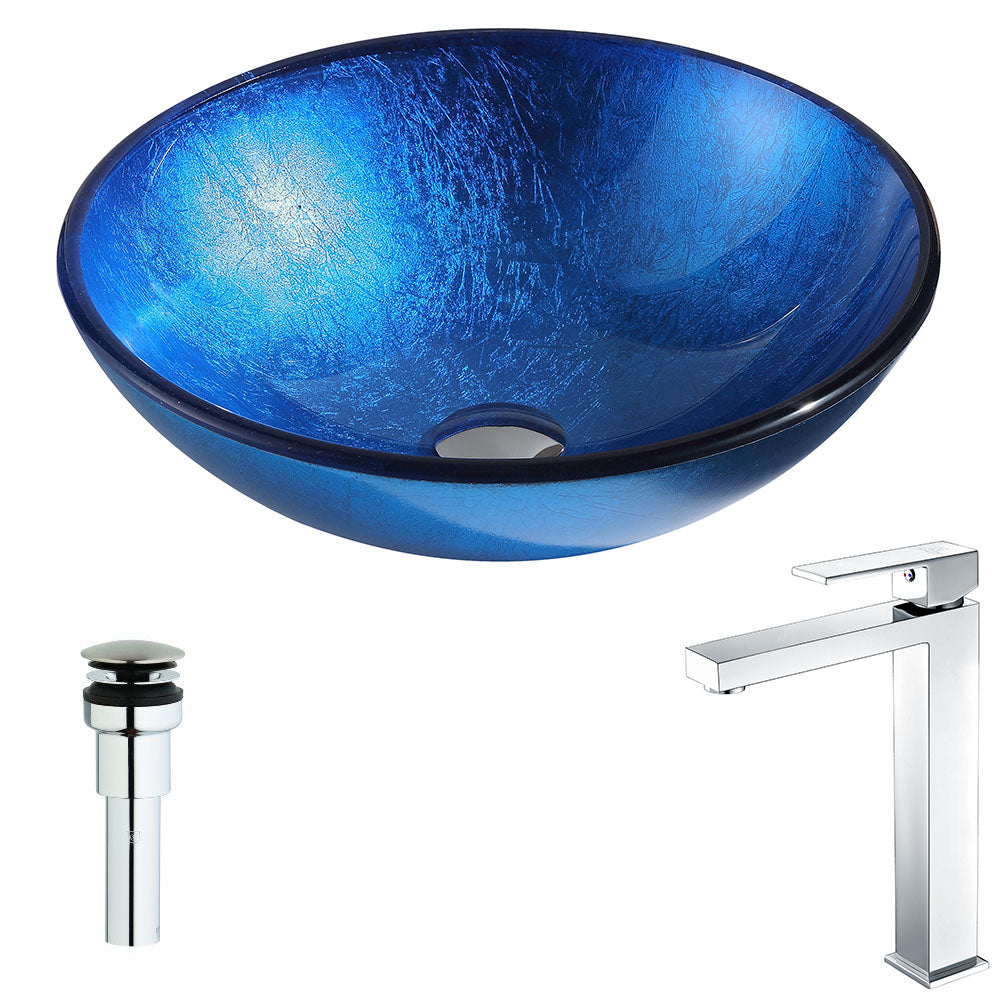 Clavier Series Deco-Glass Vessel Sink in Lustrous Blue with Enti Faucet