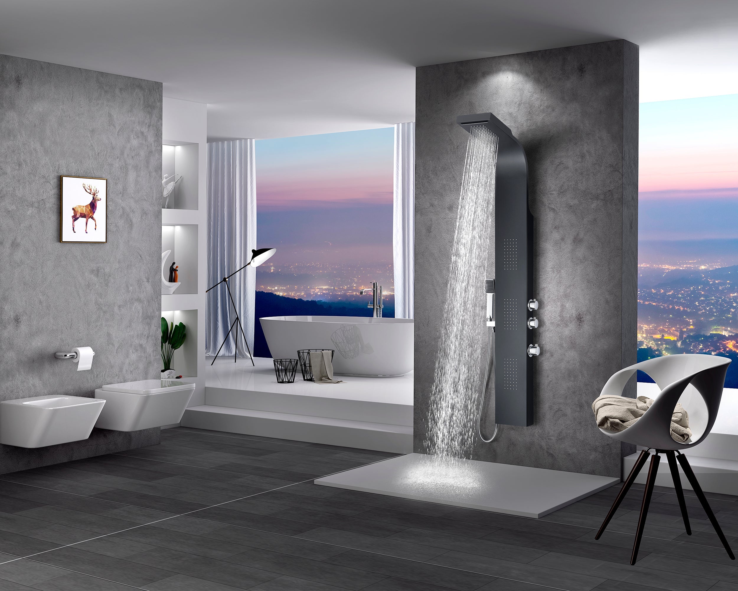 Level Series 66 in. Full Body Shower Panel System with Heavy Rain Shower and Spray Wand in Black