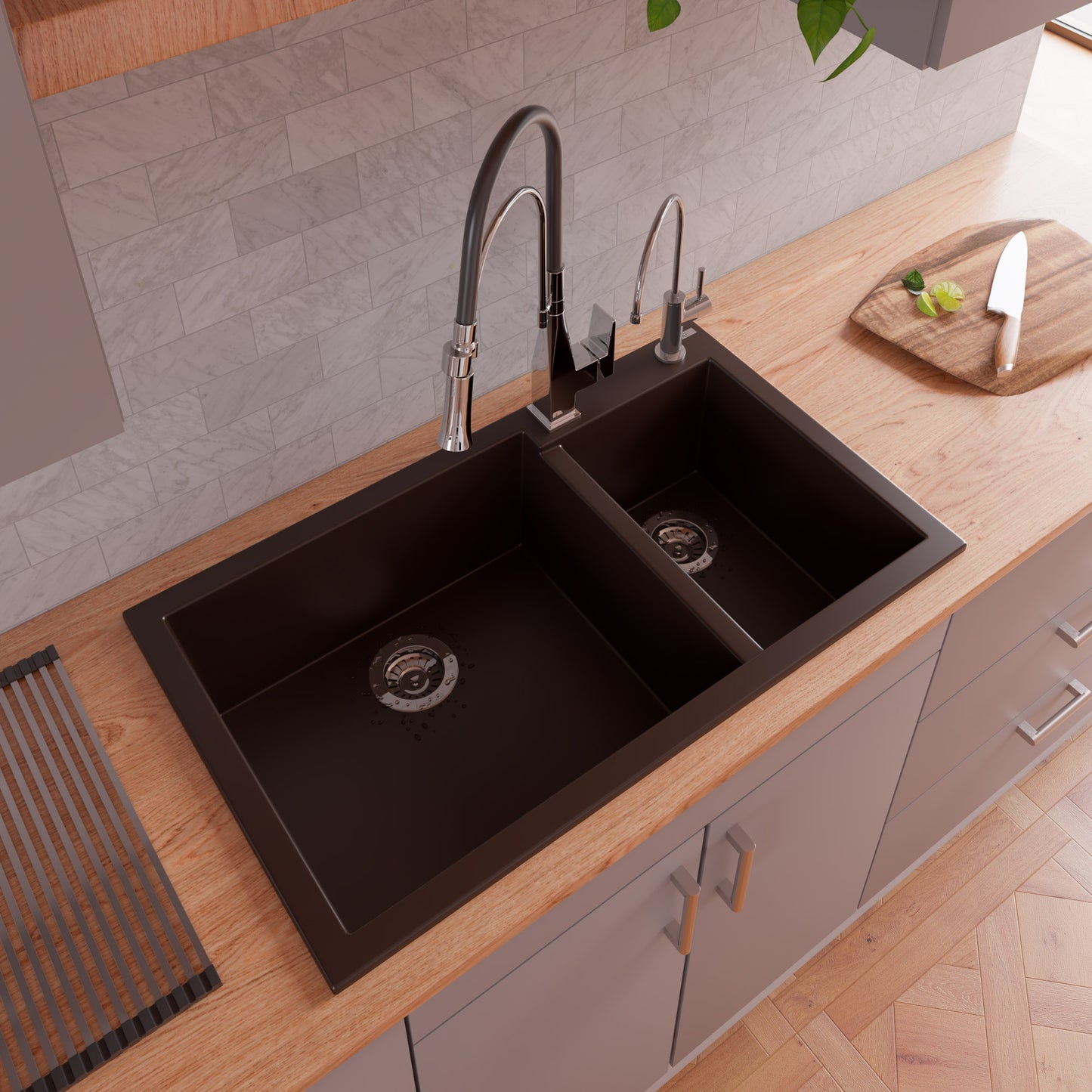 ALFI brand AB3319DI-C Chocolate 34" Double Bowl Drop In Granite Composite Kitchen Sink