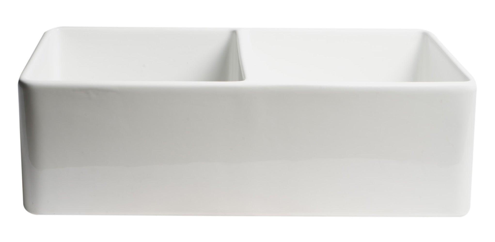 ALFI brand ABF3318D-W White Smooth Apron 33" x 18" Double Bowl Fireclay Farm Sink