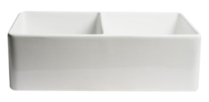 ALFI brand ABF3318D-W White Smooth Apron 33" x 18" Double Bowl Fireclay Farm Sink