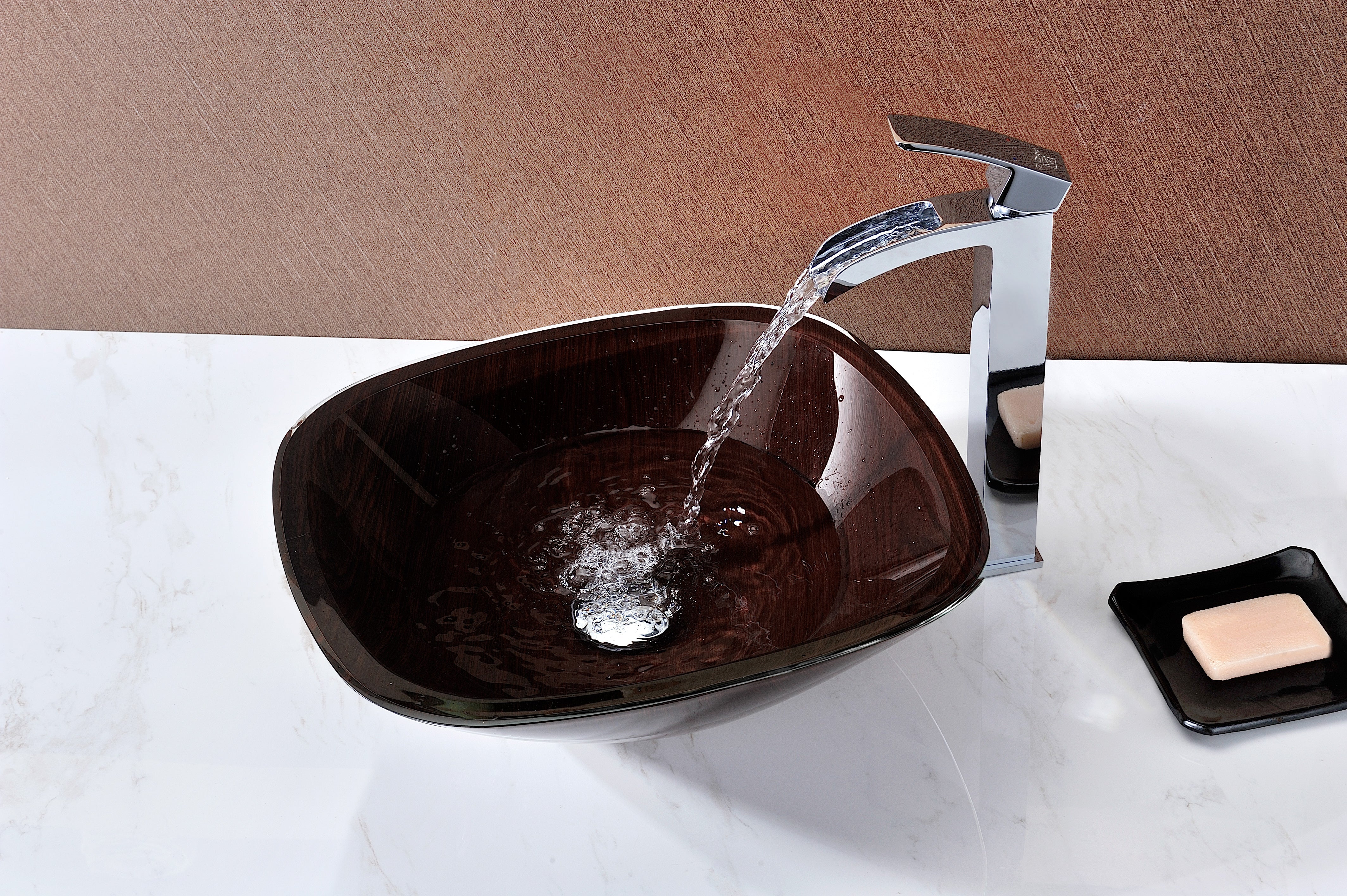 Vonu Series Deco-Glass Vessel Sink in Rich Timber