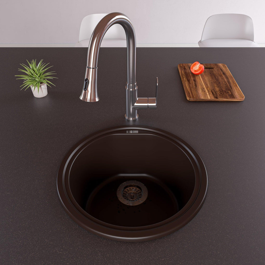ALFI brand AB1717DI-C Chocolate 17" Drop-In Round Granite Composite Kitchen Prep Sink
