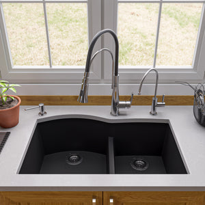 ALFI brand AB3320UM-BLA Black 33" Double Bowl Undermount Granite Composite Kitchen Sink