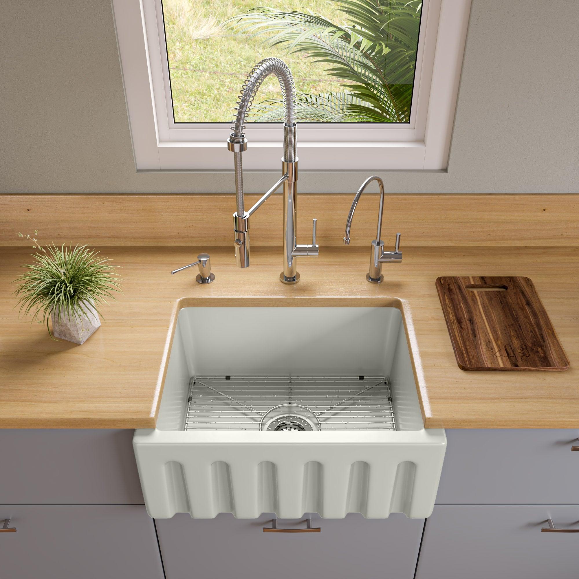 ALFI brand AB2418HS-B 24 inch Biscuit Reversible Smooth / Fluted Single Bowl Fireclay Farm Sink