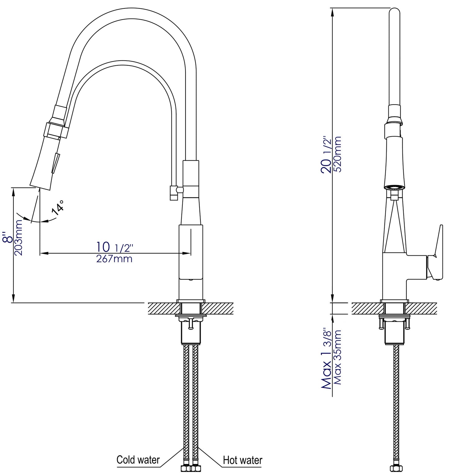 ALFI brand ABKF3023-PC Polished Chrome Square Kitchen Faucet with Black Rubber Stem