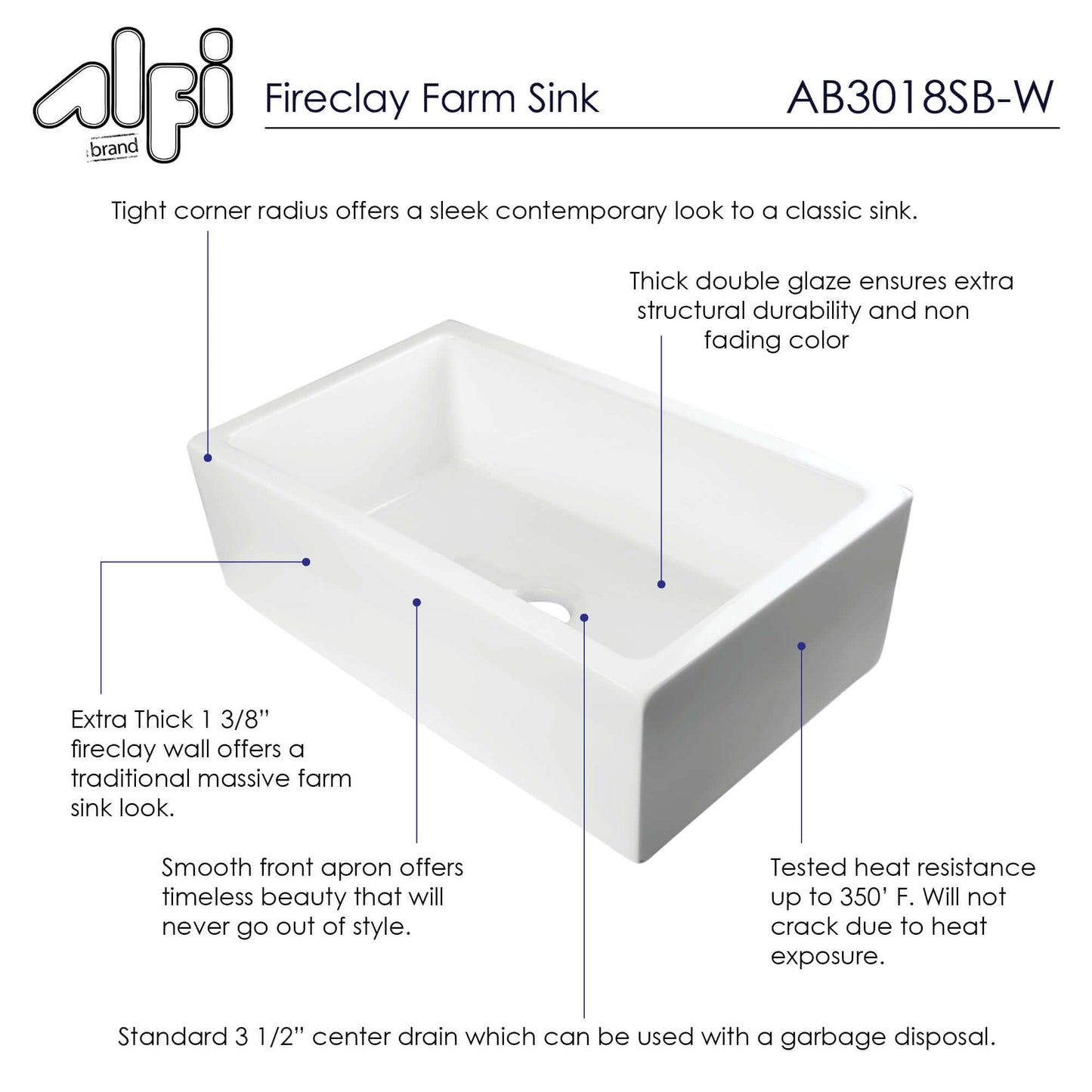 ALFI brand AB3018SB-W  30" White Smooth Apron Solid Thick Wall Fireclay Single Bowl Farm Sink