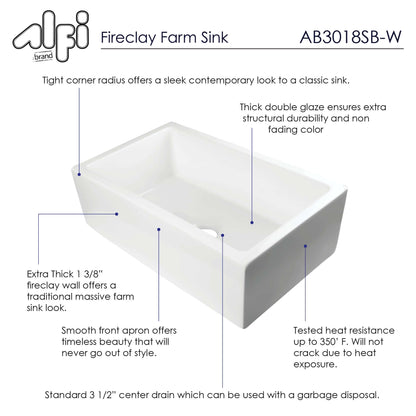 ALFI brand AB3018SB-W  30" White Smooth Apron Solid Thick Wall Fireclay Single Bowl Farm Sink