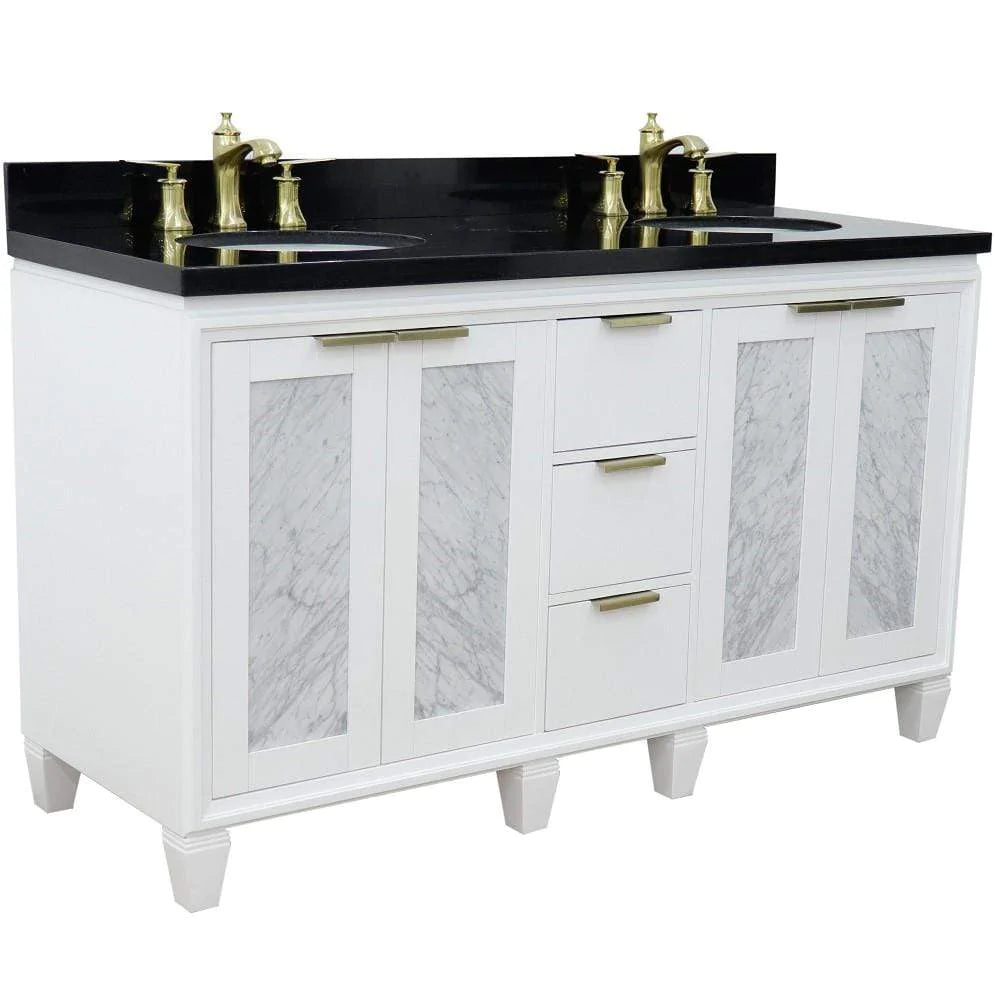 Bellaterra White 61" Wood Double Vanity  Black Top 400990-61D-WH Oval