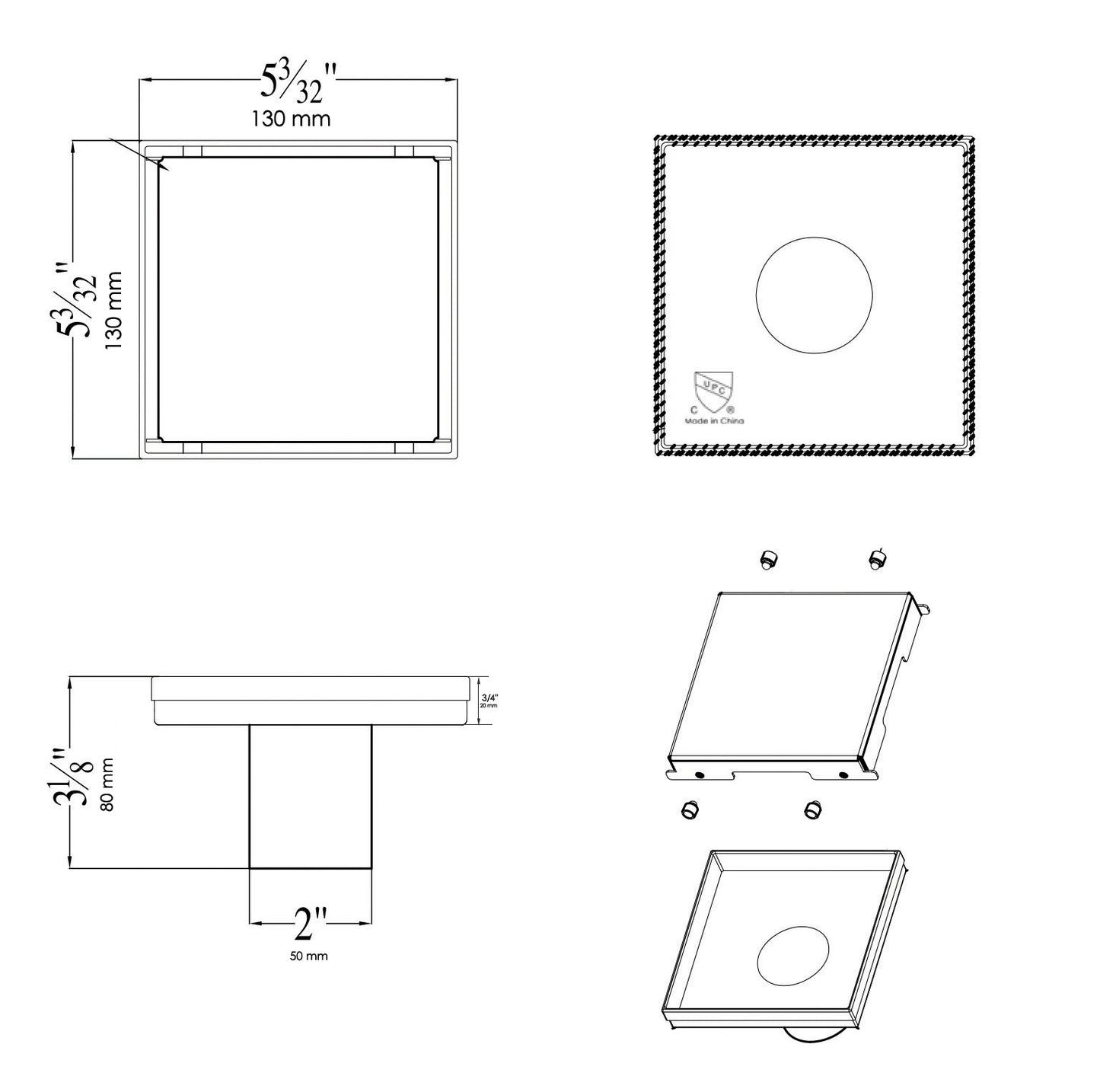 ALFI brand ABSD55B-BSS 5" x 5" Modern Square Polished Stainless Steel Shower Drain with Solid Cover