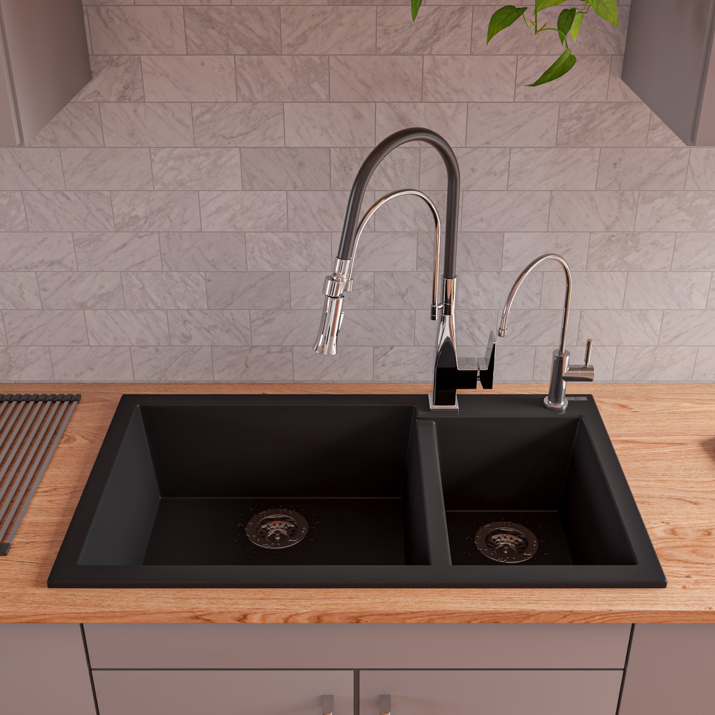 ALFI brand AB3319DI-BLA Black 34" Double Bowl Drop In Granite Composite Kitchen Sink