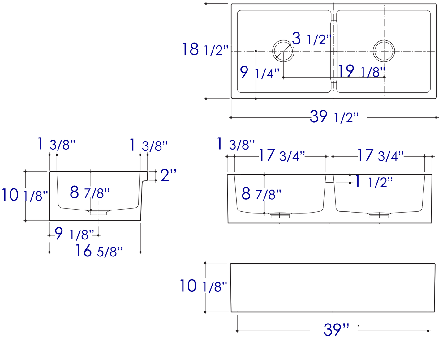 ALFI brand AB3918DB-B 39" Biscuit Smooth Apron Thick Wall Fireclay Double Bowl Farm Sink