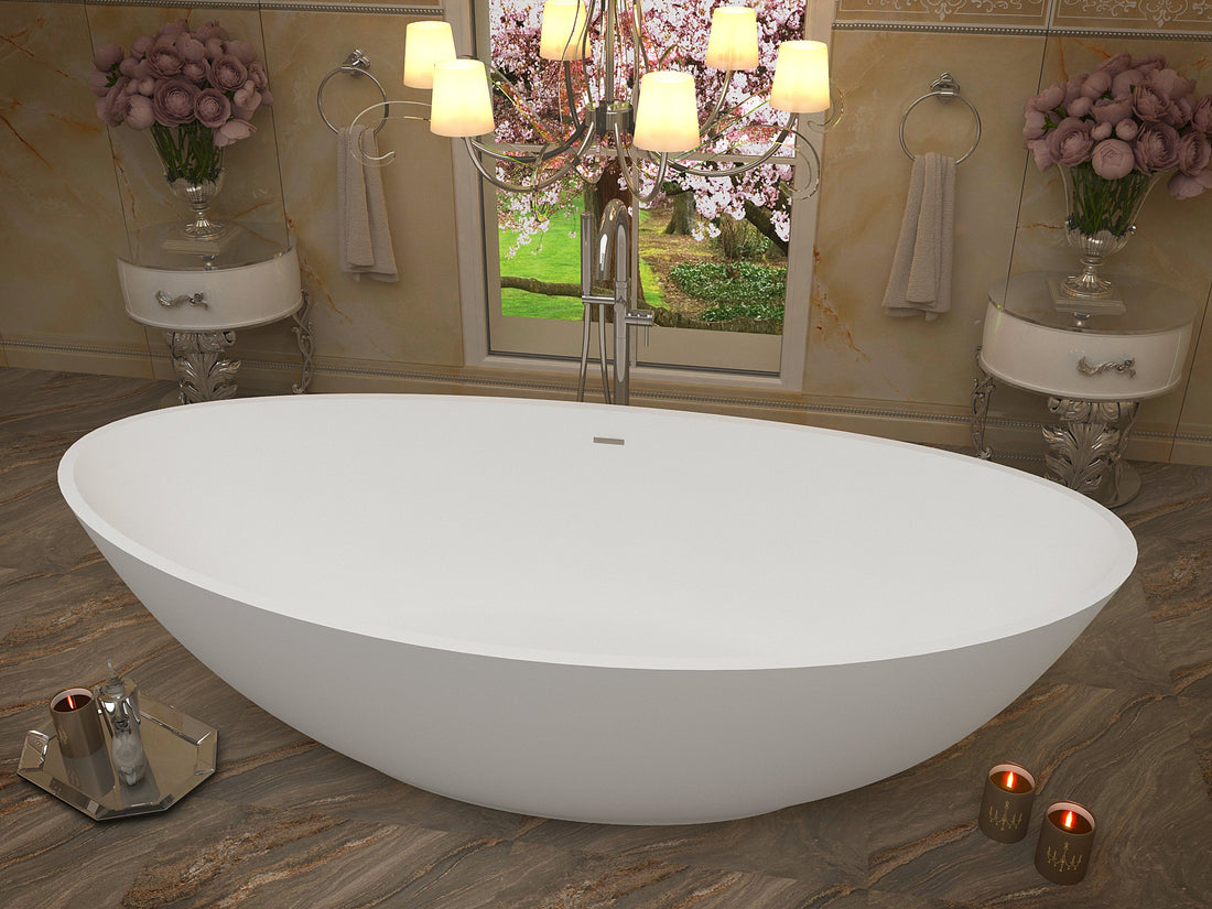 Masoko 6.2 ft. Solid Surface Center Drain Freestanding Bathtub in Matte White