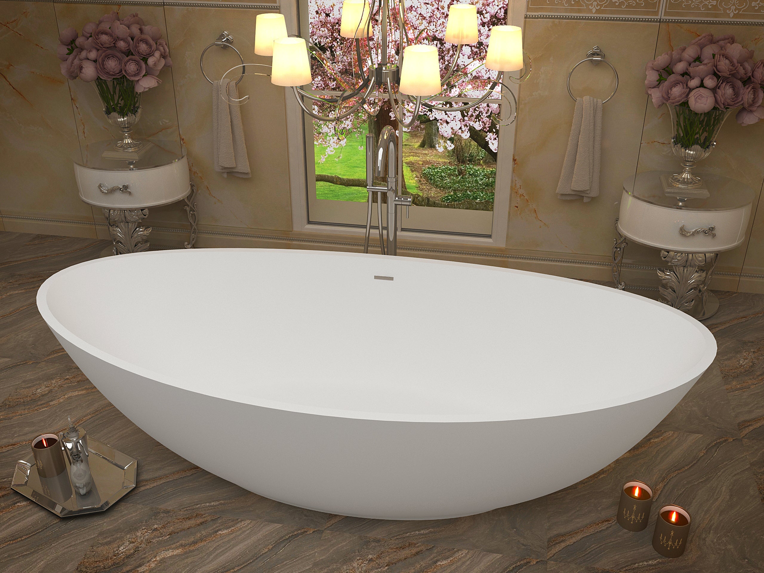 Masoko 6.2 ft. Solid Surface Center Drain Freestanding Bathtub in Matte White