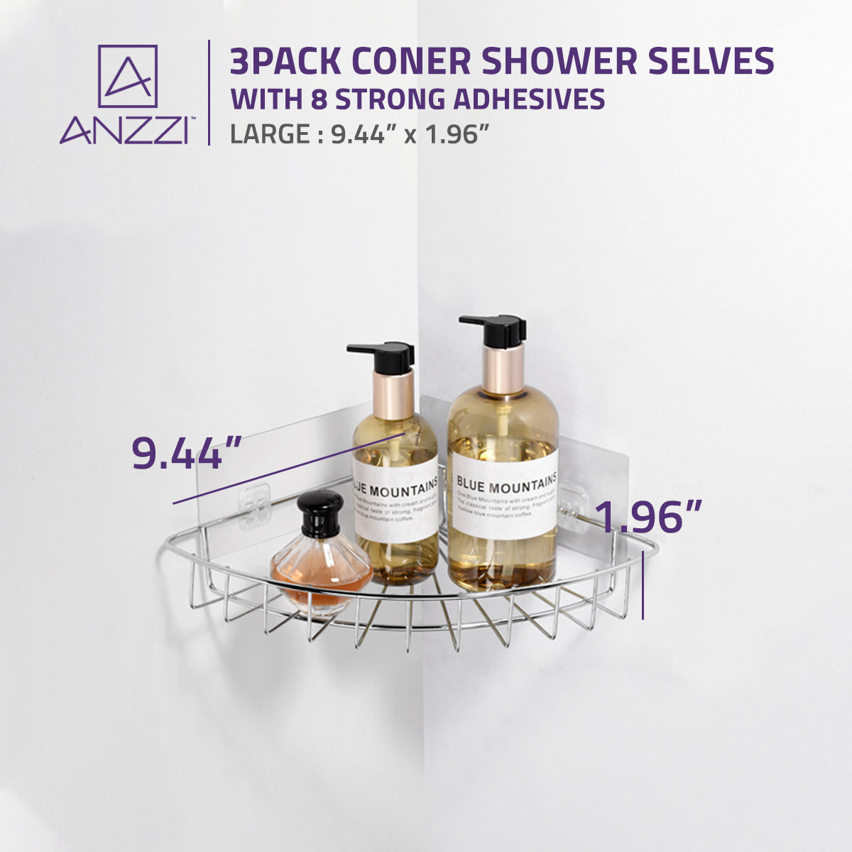 ANZZI 3-Piece Corner Shower Caddy Shelf Set with 8 Adhesive in Chrome