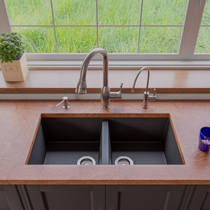 ALFI brand AB3420UM-BLA Black 34" Undermount Double Bowl Granite Composite Kitchen Sink