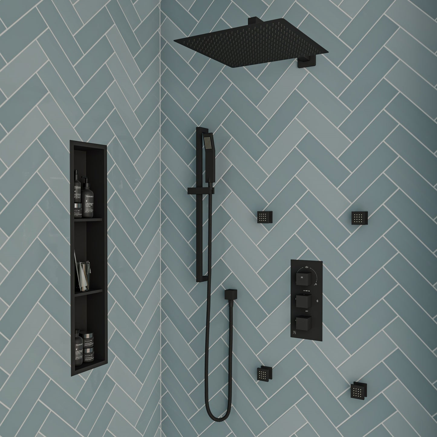 ALFI brand AB7606-BM Black Matte Square Sliding Rail Hand Shower Set