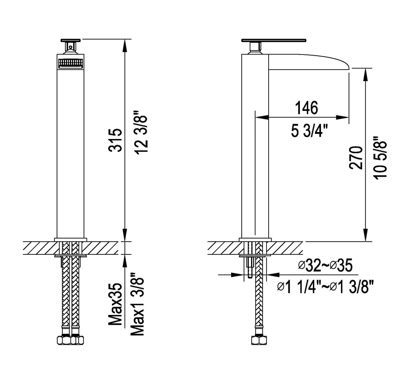 ALFI brand AB1597-BN Brushed Nickel Single Hole Tall Waterfall Bathroom Faucet