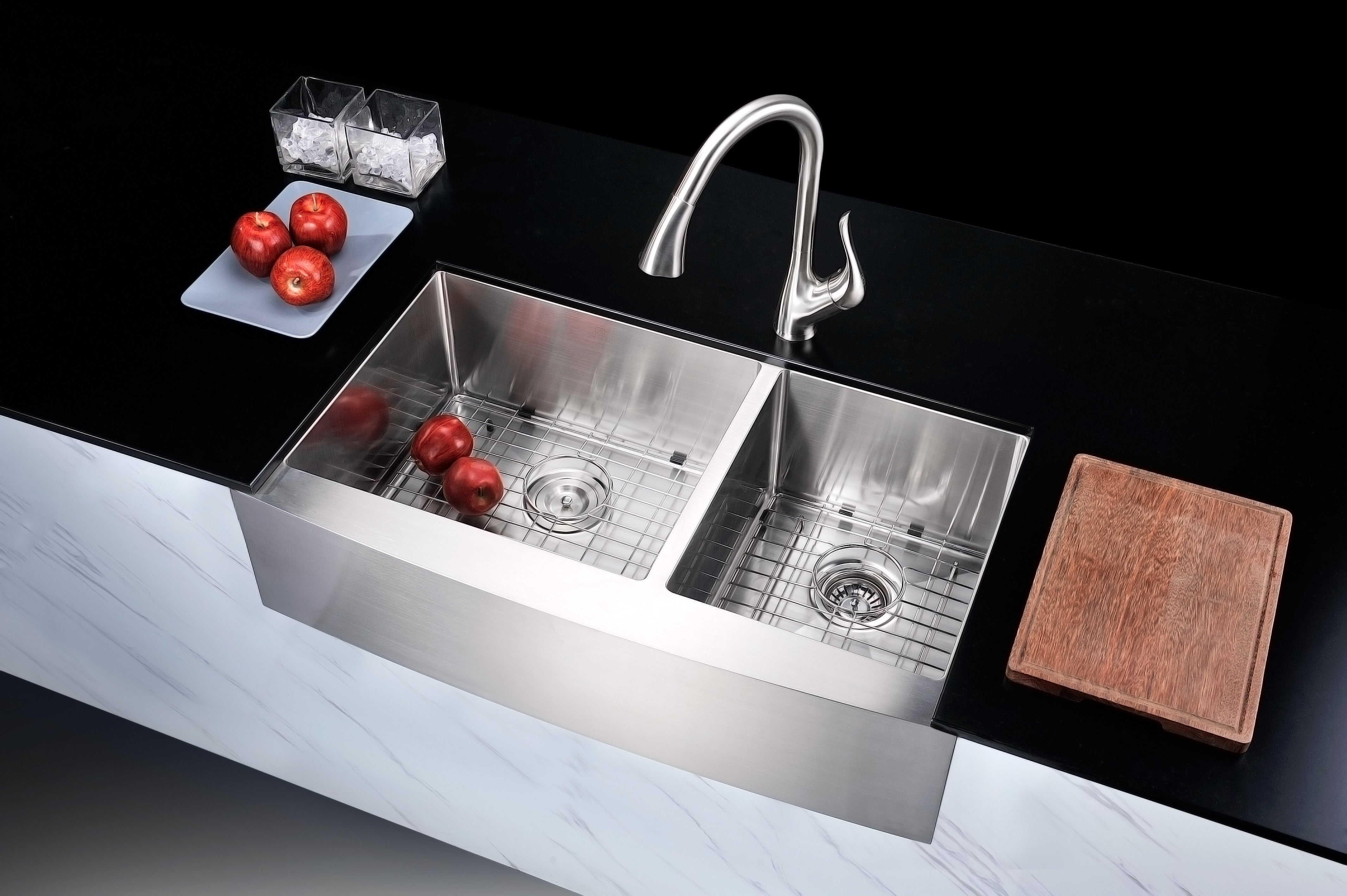 Elysian Farmhouse Stainless Steel 36 in. 0-Hole 60/40 Double Bowl Kitchen Sink in Brushed Satin