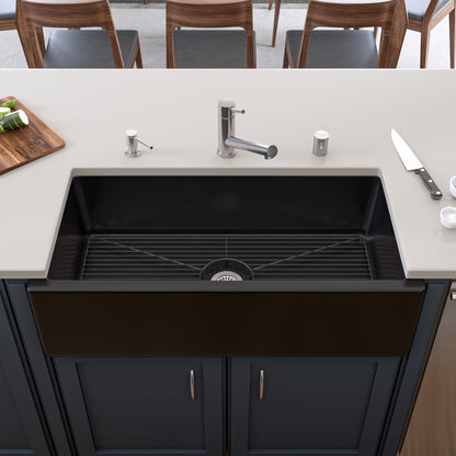 ALFI brand AB3618HS-BG 36" Black Gloss Reversible Smooth / Fluted Single Bowl Fireclay Farm Sink