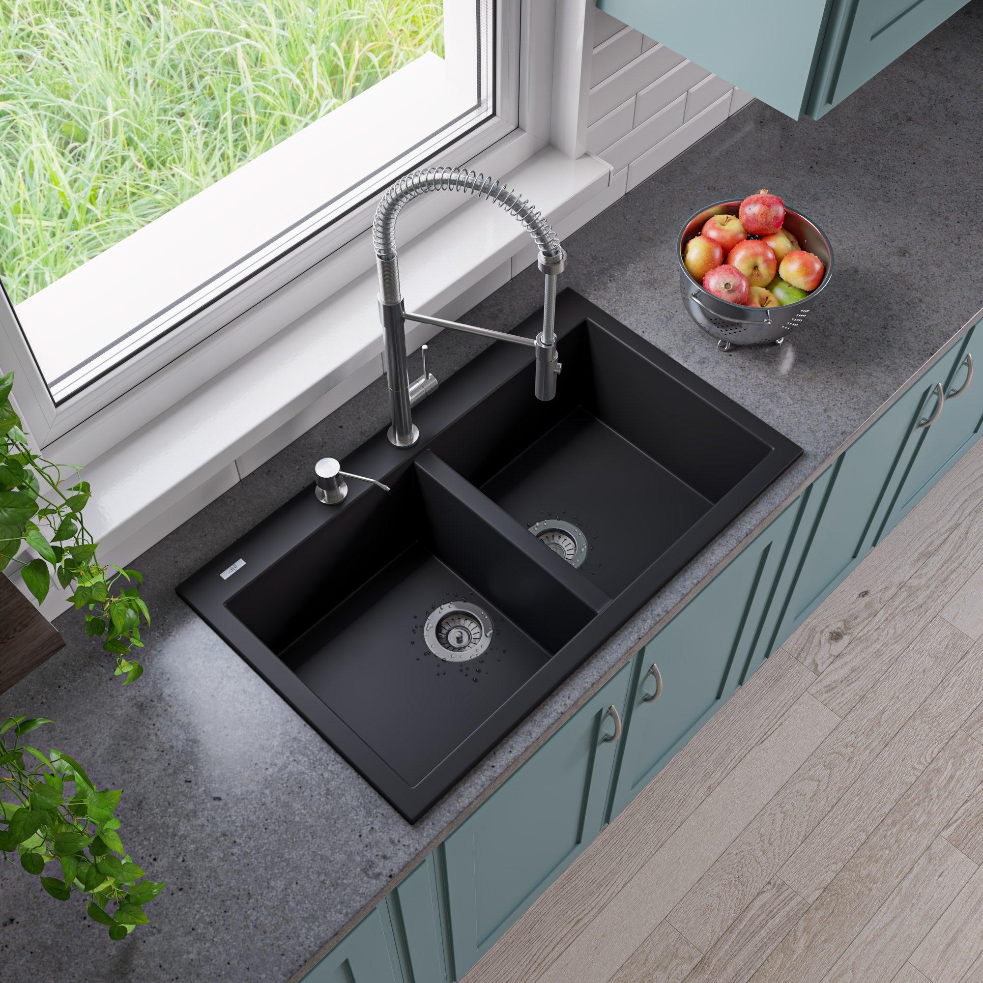 ALFI brand AB3420DI-BLA Black 34" Drop-In Double Bowl Granite Composite Kitchen Sink