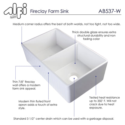 ALFI brand AB537-W White 32" Fluted Apron Double Bowl Fireclay Farmhouse Kitchen Sink