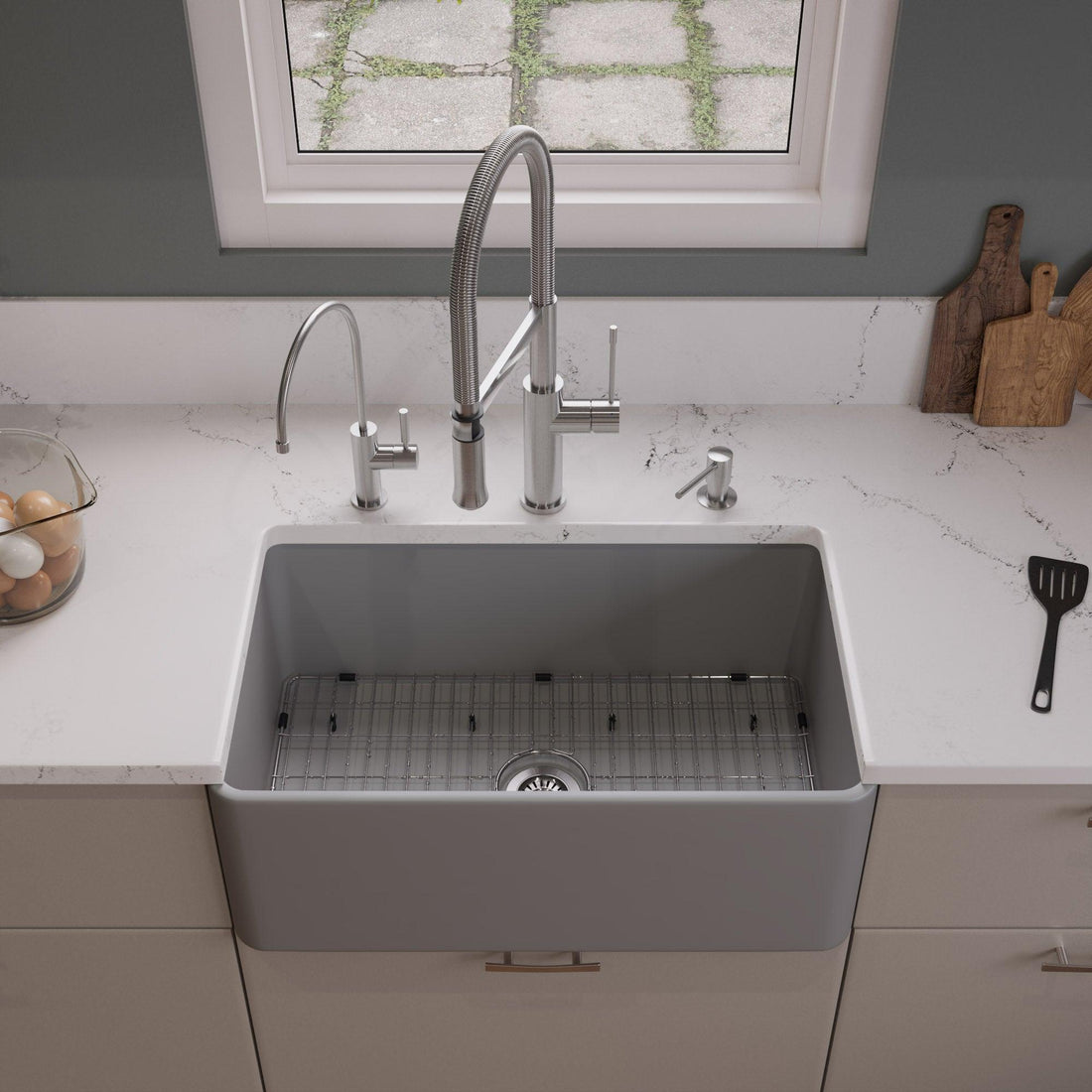ALFI brand ABF3018-GM Gray Matte Smooth Apron 30" x 18" Single Bowl Fireclay Farm Sink