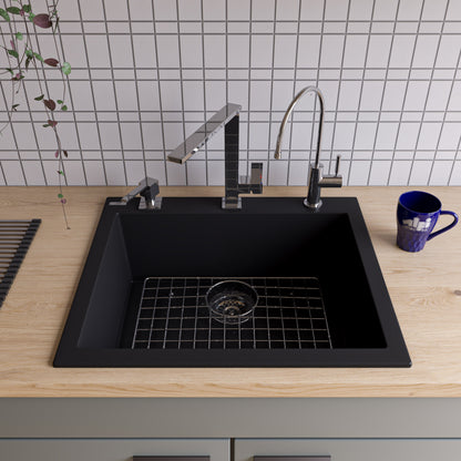 ALFI brand AB2420DI-BLA Black 24" Drop-In Single Bowl Granite Composite Kitchen Sink