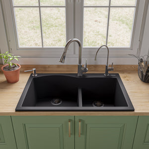 ALFI brand AB3320DI-BLA Black 33" Double Bowl Drop In Granite Composite Kitchen Sink
